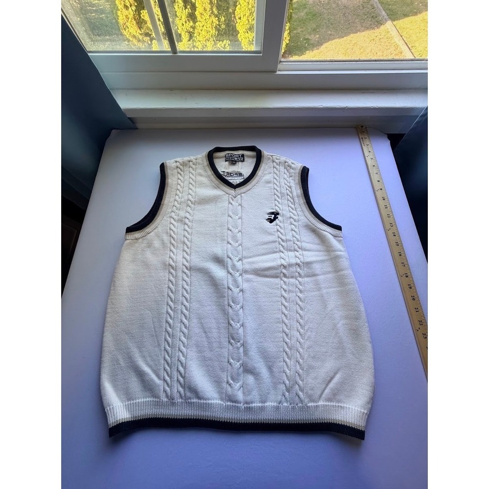 Golf Sport Replay Men's Cable Knit Sweater Vest Cream Navy Trim V-Neck Size 105